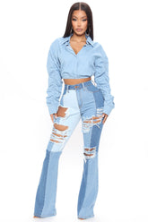 Two Timing High Rise Distressed Flare Jeans - Medium Blue Wash Ins Street